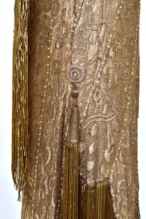 1920's Metallic Gold Lamé Lace Flapper Fringe Margot Robbie Film-Worn Dress