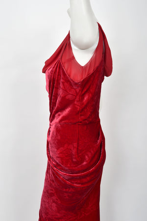 2006 Christian Dior by Galliano Ruby Red Velvet Asymmetric Draped Bias-Cut Gown