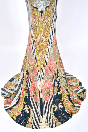 2011 Alexander McQueen 'Folklore Fin' Floral Stripe Print Draped Bias-Cut Gown w/ Shawl
