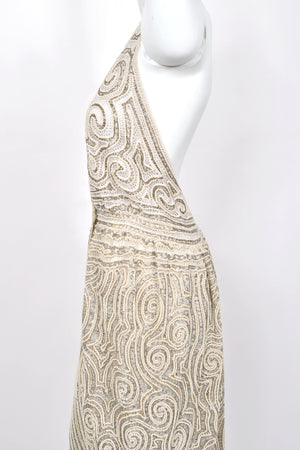 1982 Halston Runway Beaded Sheer Illusion Champagne Lace Backless Halter Wrap Gown
