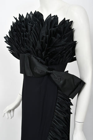 1959 Hall Ludlow Couture Museum-Held Black Silk Appliquéd Petals Hourglass Gown