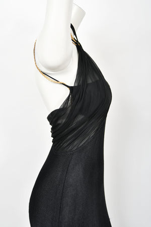1998 Versace Couture Black Stretch Knit & Sheer Silk Cut-Out Hourglass Gown
