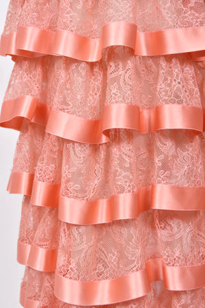 1993 Valentino Runway Blush Pink Silk & Sheer Chantilly-Lace Tiered Ruffle Maxi Dress