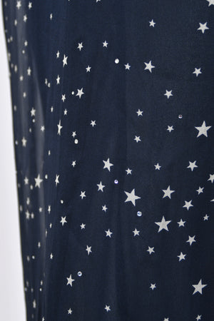 1998 Moschino Runway Navy Blue Sheer Silk Chiffon Star Motif Rhinestone Maxi Slip Dress