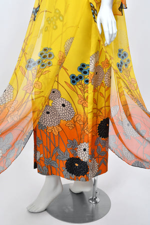 1972 Hanae Mori Couture Vogue Editorial Sunset Ombrè Floral Silk Gown & Matching Sheer Jacket