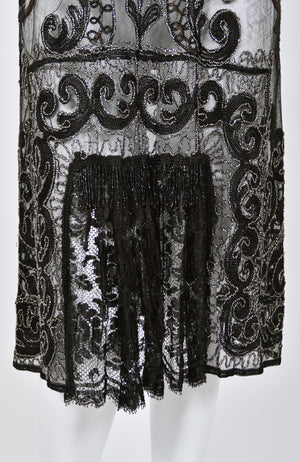 1920's Embroidered Black Sheer Mixed-Lace Beaded Art Deco Motif Dress