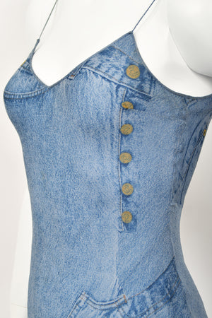 2000 Christian Dior by John Galliano Trompe L'oeil Denim Print Silk Bias-Cut Dress
