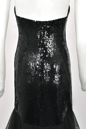 1978 Loris Azzaro Couture Black Sequin Strapless Tiered-Ruffle Gown & Sheer Capelet