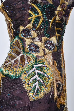 1970's Embroidered Peacock Motif Beaded Silk Couture Dance Dress