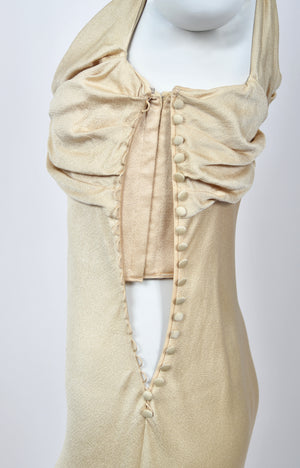 2007 John Galliano Champagne Silk Satin Off-Shoulder Bustier Bias-Cut Gown w/Tags