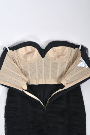 2011 Oscar de la Renta Black Ruched Silk Strapless Bustier Hourglass Trained Gown