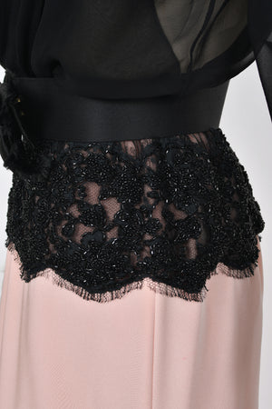 1986 Oscar de la Renta Documented Runway Black Sheer Chiffon & Pink Silk Gown