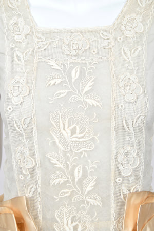 1920's Sheer Ivory Embroidered Floral Motif Net-Tulle Tiered Ruffle 'Robe de Style' Dress