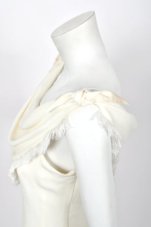1998 Christian Dior by John Galliano Resort Collection Ivory White Crepe Fringed-Bib Dress