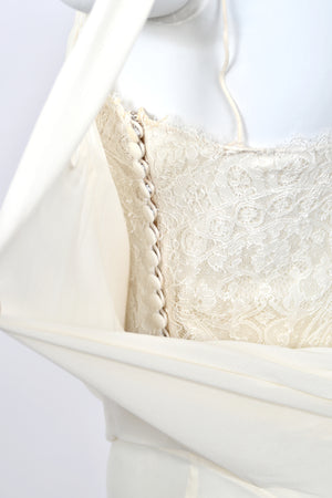 2005 John Galliano Ivory Sheer Silk Chiffon & Chantilly Lace Draped Halter Bias-Cut Gown