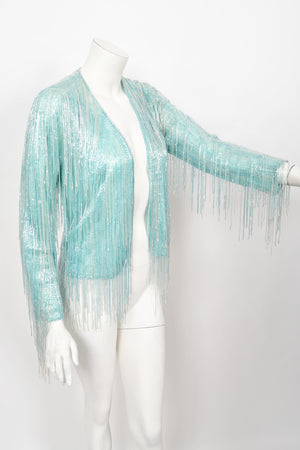 1970's Halston Couture Ice Blue Beaded Silk Fringe Disco Cardigan Jacket