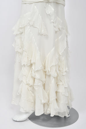 2006 John Galliano Ivory Tiered Ruffle Sheer Silk Chiffon Pearl Straps Bias-Cut Slip Gown
