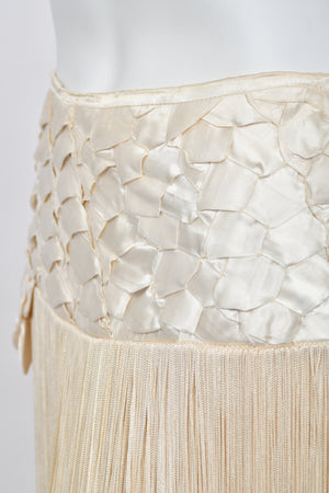 1950's Ivory Floral Appliqué Silk Bustier Crop Top & Matching Fringe Skirt Set