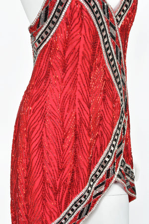 1984 Bob Mackie Documented Fully Beaded Red Silk High Low Micro-Mini Dress