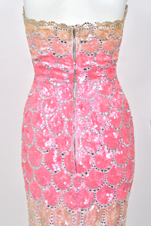 1950's Custom Couture Fully Sequin Pink Ombré Rhinestone Hourglass Gown w/ Gloves