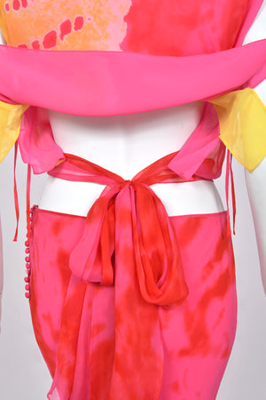 2003 Christian Dior by John Galliano Tie-Dye Pink Yellow Print Silk Cropped Blouse & Bias-Cut Skirt