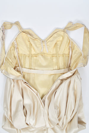 1950's Candlelight Satin Beaded Appliqué Skirted Hourglass Custom Couture Dress