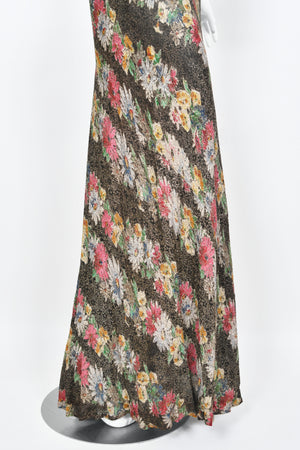 1930's Colorful Metallic Floral Motif Lamé Cut Out Back Hourglass Bias-Cut Gown