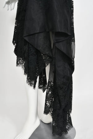 2010 Alexander McQueen Lifetime Black Crepe & Sheer Illusion Lace High-Low Gown