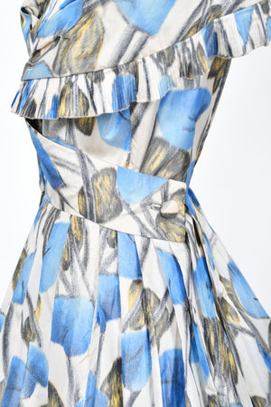 1956 Christian Dior Couture Blue Floral Silk Portrait Collar New Look Dress