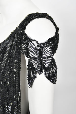 1920's Beaded Sequin Sheer-Net Butterfly Motif Asymmetric Flapper Dress