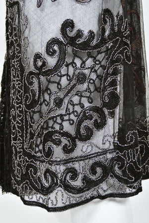 1920's Embroidered Black Sheer Mixed-Lace Beaded Art Deco Motif Dress