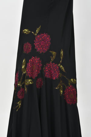 2001 John Galliano Red Chrysanthemum Floral Appliqué Black Silk Chiffon Bias-Cut Gown