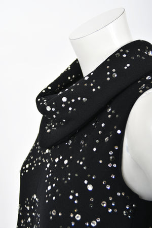 1960's Pauline Trigère Rhinestone Studded Black Wool Mod Trapeze Dress