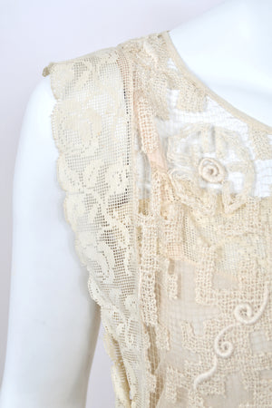 1920's French Cream Heavily Embroidered Deco Motif Filet Lace & Sheer Net Tea-Length Dress