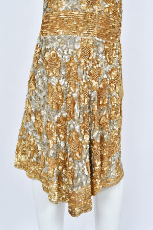 1920's French Couture Metallic Gold Beaded Sequin Cotton-Net Flapper Dress