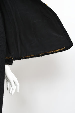 1973 Chanel Haute Couture Black Boucle Wool Logo Buttons Jacket Suit