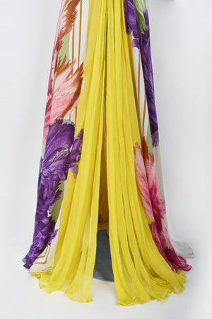 2005 Roberto Cavalli Large-Scale Floral Silk Bustier High-Slit Gown & Shawl