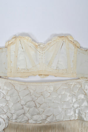 1950's Ivory Floral Appliqué Silk Bustier Crop Top & Matching Fringe Skirt Set