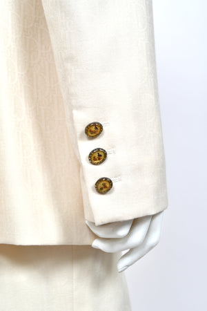 1999 Christian Dior by John Galliano Ivory Logo-Print Silk Enamel Buttons Pantsuit