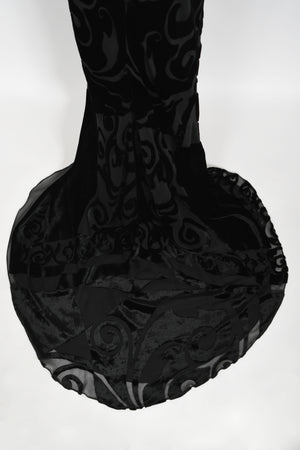 1997 Galindo Couture Black Devoré Velvet Bias-Cut Halter Trained Gown