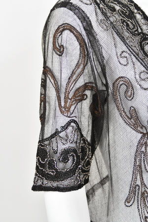 1920's Embroidered Black Sheer Mixed-Lace Beaded Art Deco Motif Dress