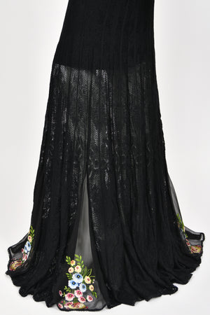 2003 John Galliano Embroidered Floral Sheer Black Pointelle Stretch Knit Bias-Cut Gown