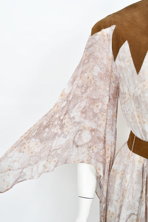 1971 Giorgio Sant' Angelo Watercolor Chiffon & Suede Angel-Sleeve Wrap Dress