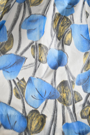 1956 Christian Dior Couture Blue Floral Silk Portrait Collar New Look Dress
