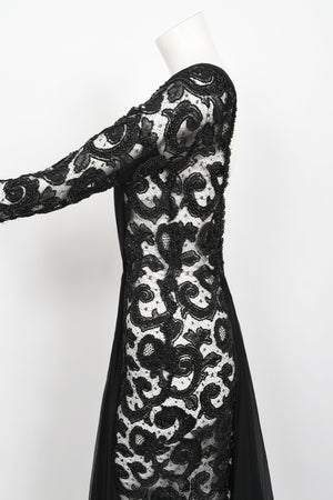 1998 Hanae Mori Haute Couture Beaded Sheer Lace & Chiffon Hourglass Gown