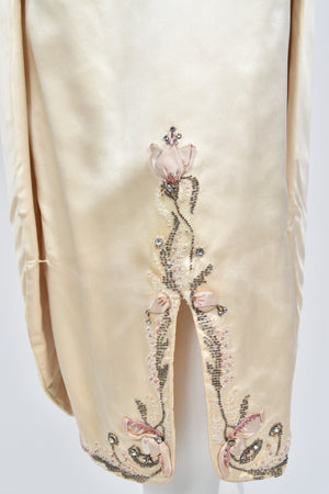 1950's Candlelight Satin Beaded Appliqué Skirted Hourglass Custom Couture Dress