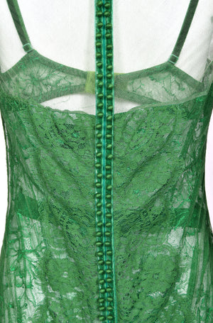 2011 Tom Ford Emerald Green Embroidered Sheer Tulle Lace Velvet-Bra Trained Editorial Gown