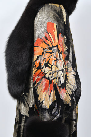 1920's Metallic Art-Deco Floral Lamé & Fox Fur Dolman-Sleeve Flapper Coat