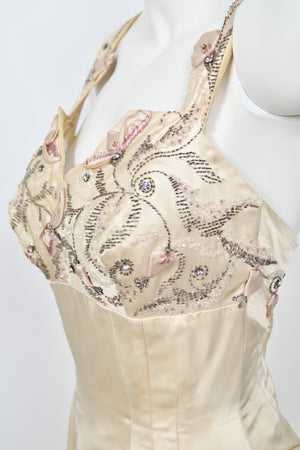 1950's Candlelight Satin Beaded Appliqué Skirted Hourglass Custom Couture Dress