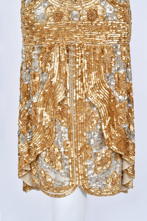 1920's French Couture Metallic Gold Beaded Sequin Cotton-Net Flapper Dress